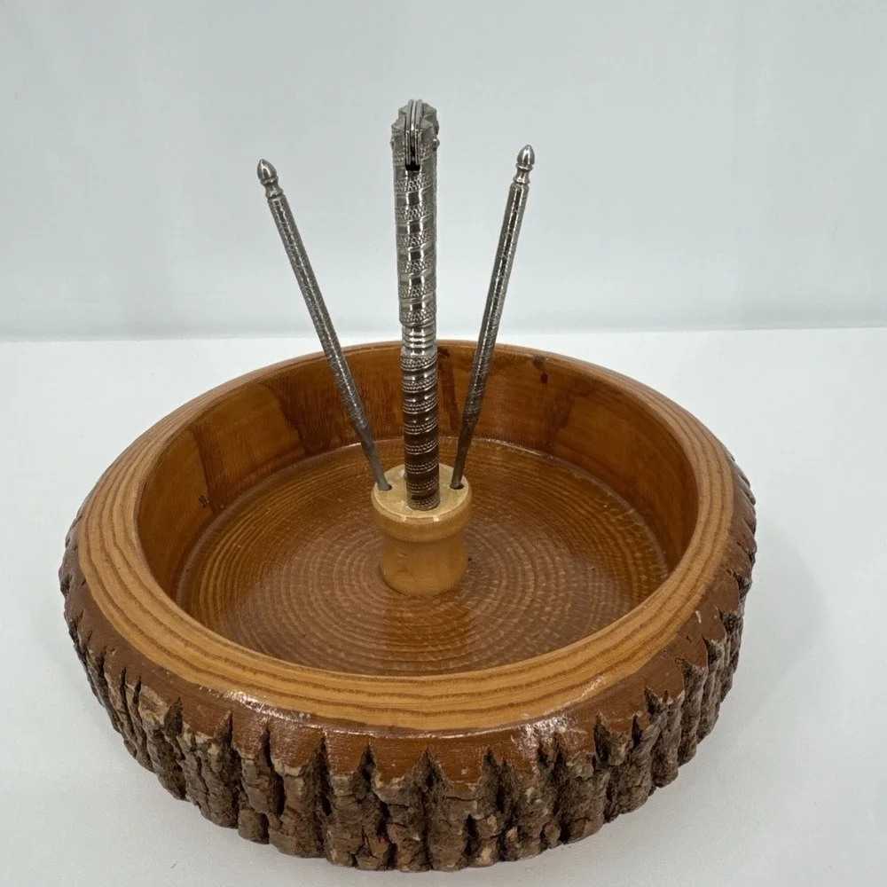 VTG Bark Nut Bowl Round Wood Mid-Century Modern 2‎ Picks 1 Nut Cracker Festive